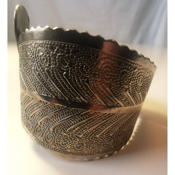 Leaf Feather Design Vintage Silver Tone Hinged Cuff Bracelet  7.5 Boho Statement - Picture 9 of 11
